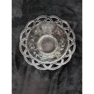 Vintage Clear Etched Glass Bowl with Openwork Rim